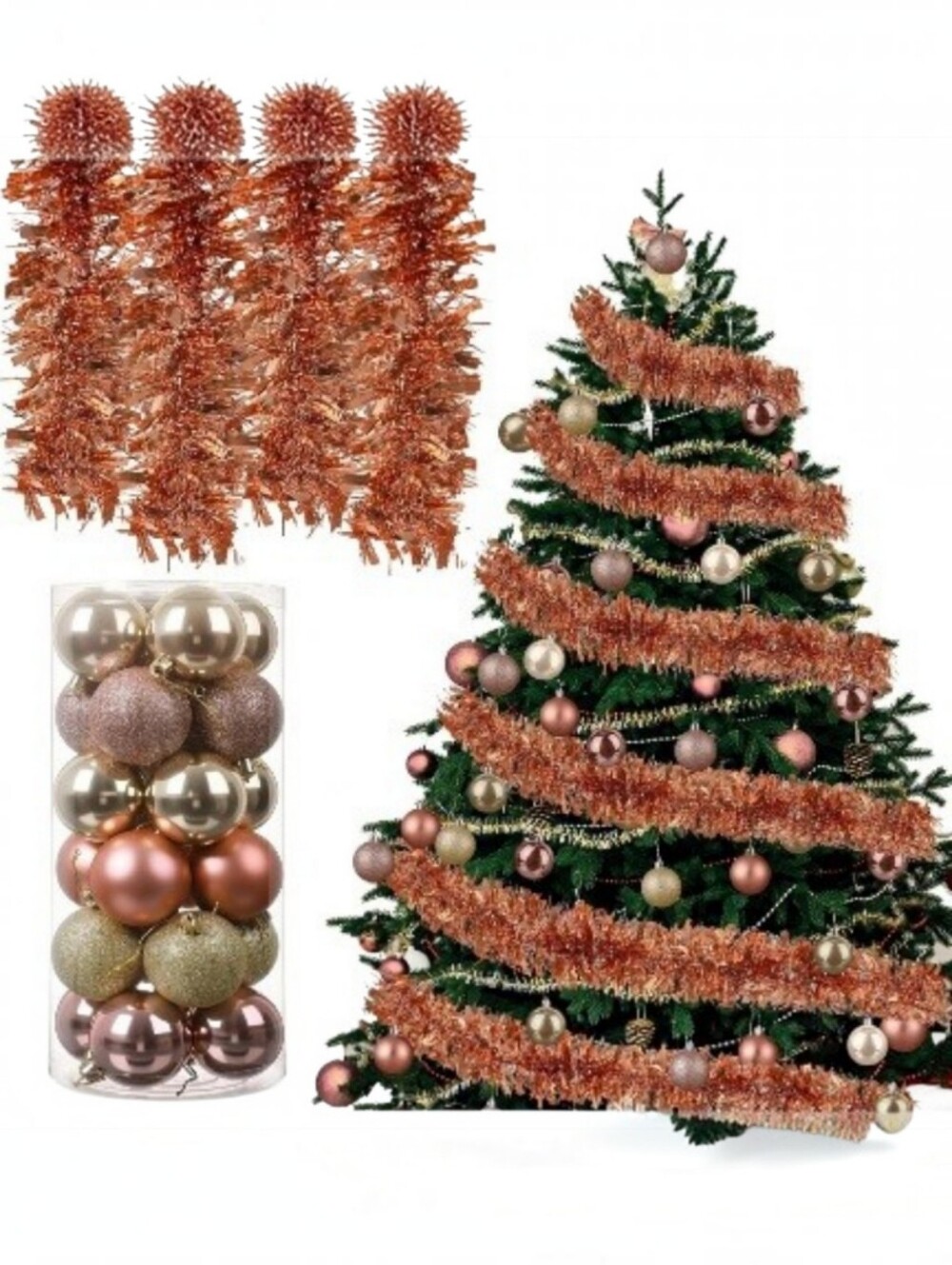 Rose Gold Christmas Tree Tinsel Garland & Ornament Set - Holiday Home Decor. NEW